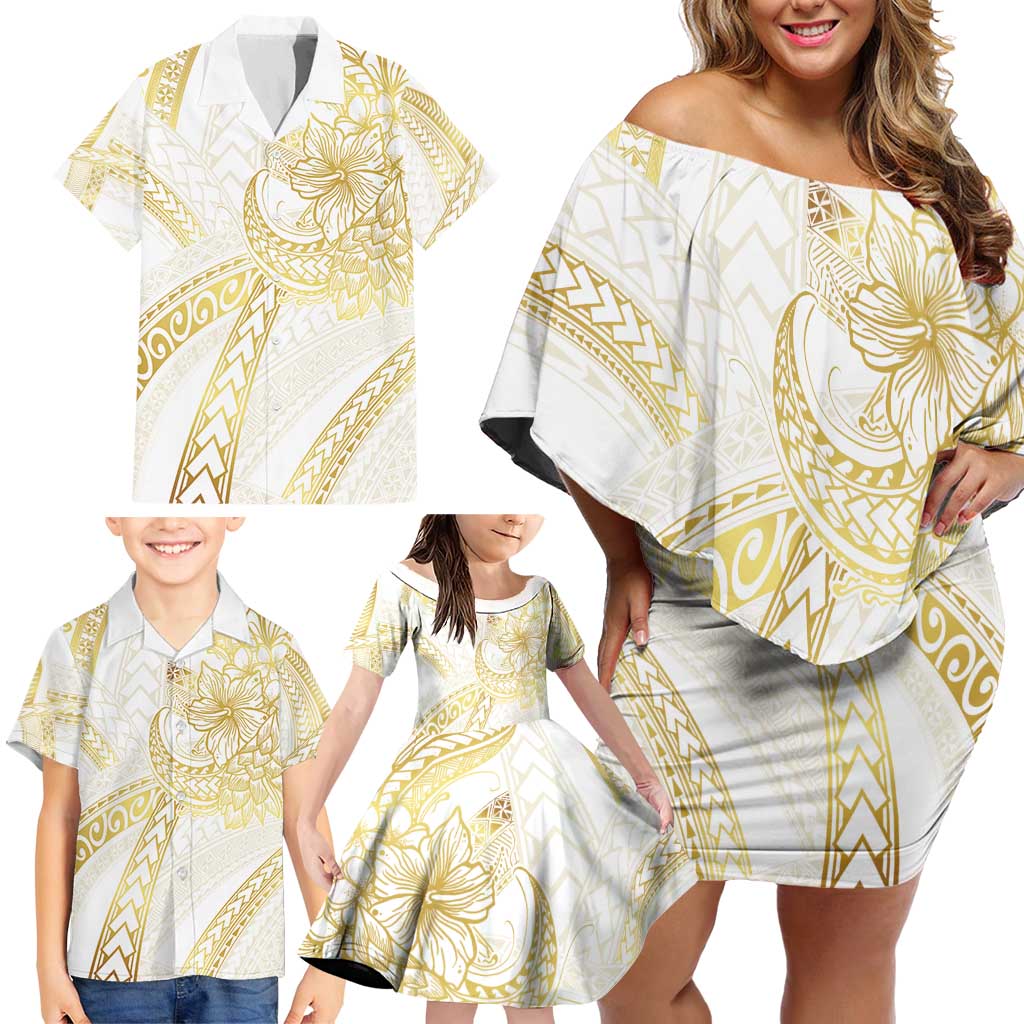 Samoa Lotu Tamaiti Gold Family Matching Off Shoulder Short Dress and Hawaiian Shirt Teuila Tatau - Polynesian Pride