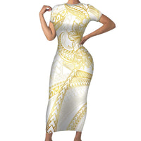 Samoa Lotu Tamaiti Gold Family Matching Short Sleeve Bodycon Dress and Hawaiian Shirt Teuila Tatau LT7 Mom's Dress Gold - Polynesian Pride