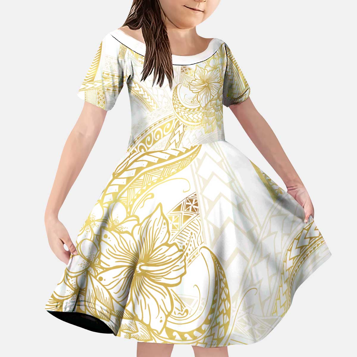 Samoa Lotu Tamaiti Gold Kid Short Sleeve Dress Teuila Tatau - Polynesian Pride