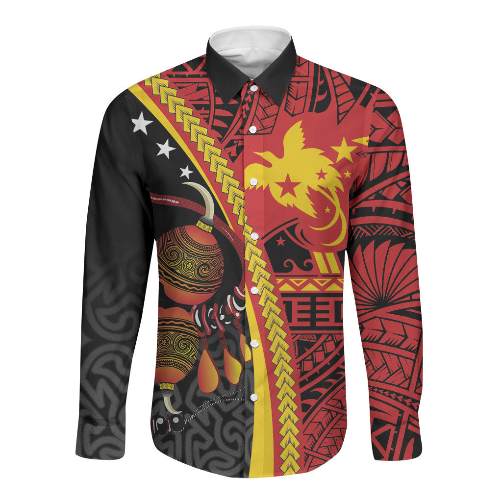 Papua New Guinea Independence Personalised Long Sleeve Button Shirt PNG Bagi and Lime Pot LT7 Unisex Black - Polynesian Pride