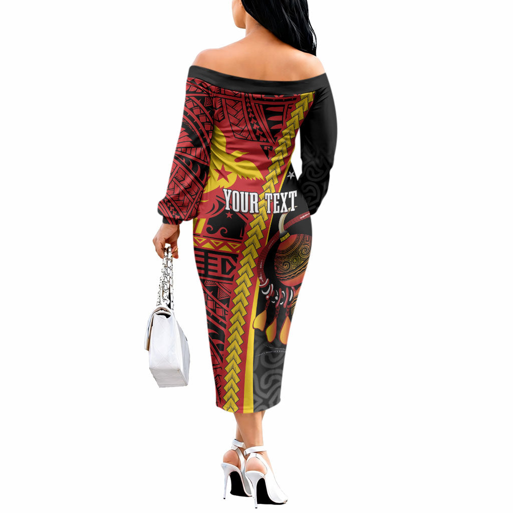 Papua New Guinea Independence Personalised Off The Shoulder Long Sleeve Dress PNG Bagi and Lime Pot LT7 - Polynesian Pride