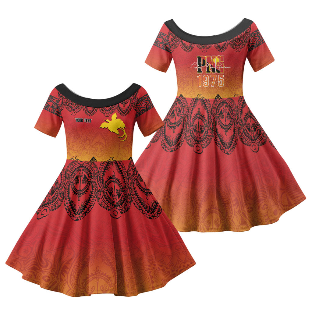 Papua New Guinea 1975 To The Future Personalised Family Matching Off The Shoulder Long Sleeve Dress and Hawaiian Shirt Sepik Masks LT7 Daughter's Dress Red - Polynesian Pride