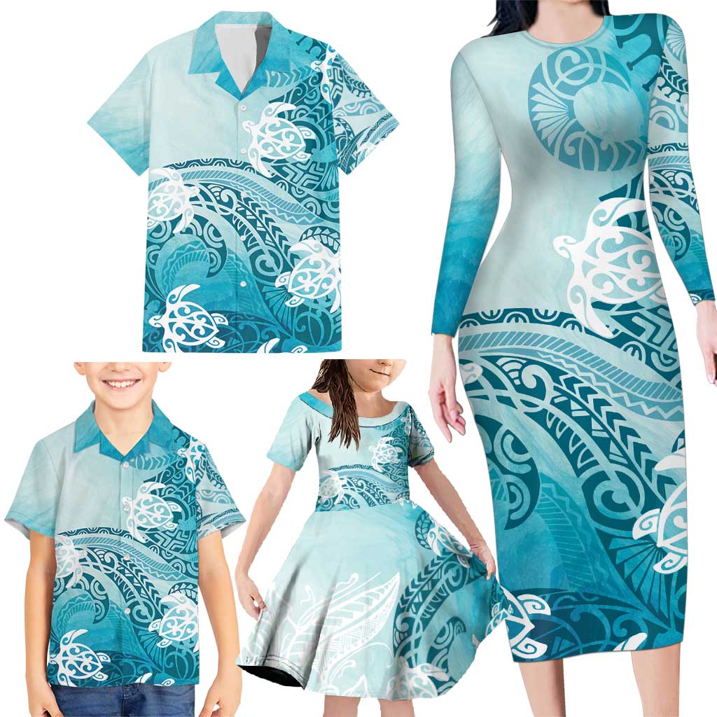 Polynesia Turtle Family Matching Long Sleeve Bodycon Dress and Hawaiian Shirt Watercolor Abstract Style LT7 - Polynesian Pride