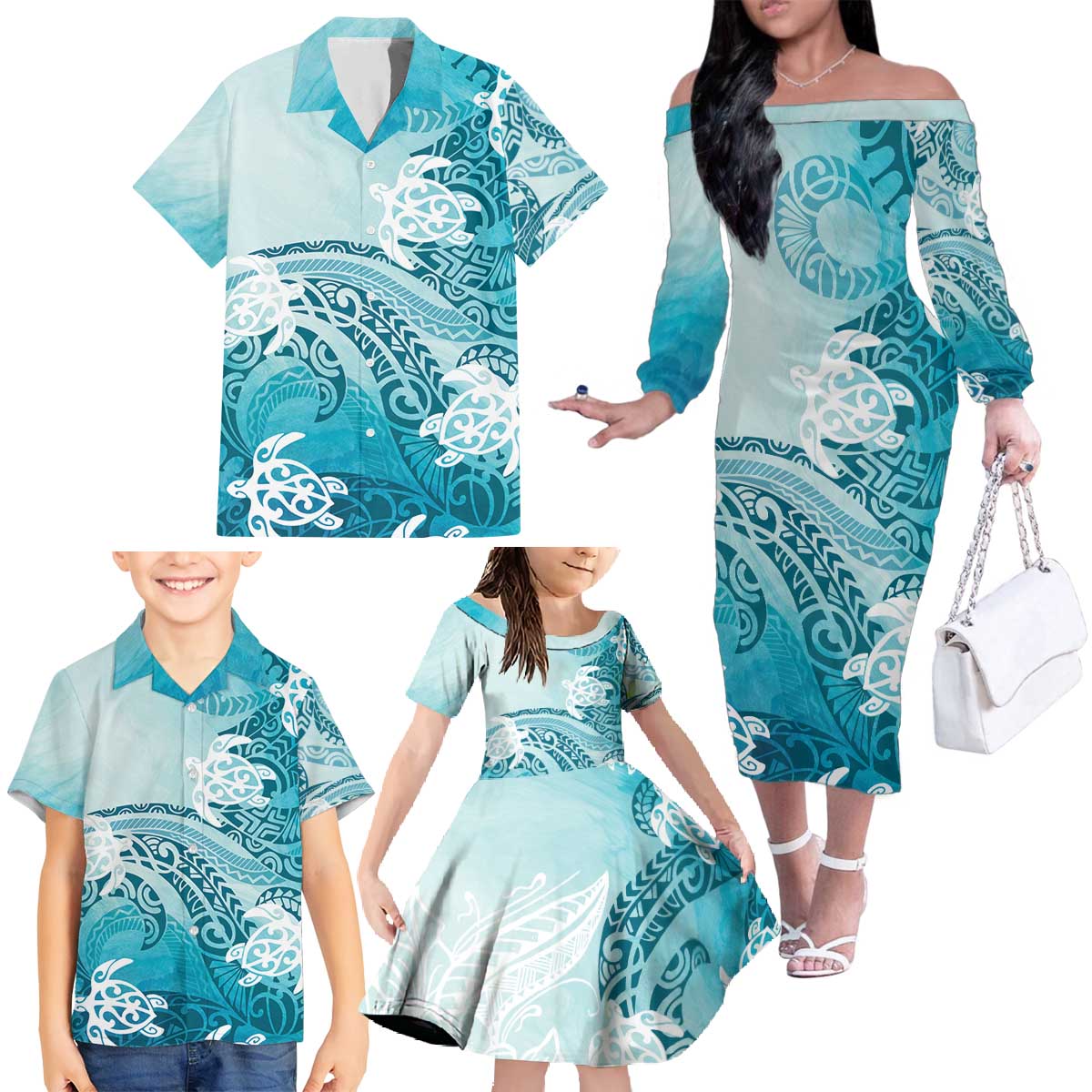 Polynesia Turtle Family Matching Off The Shoulder Long Sleeve Dress and Hawaiian Shirt Watercolor Abstract Style LT7 - Polynesian Pride