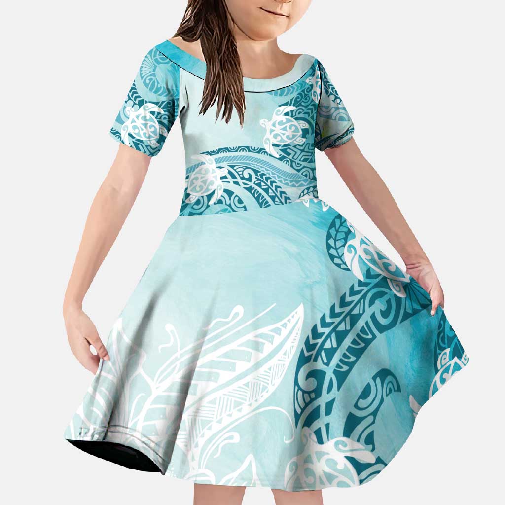 Polynesia Turtle Family Matching Off Shoulder Maxi Dress and Hawaiian Shirt Watercolor Abstract Style LT7 Daughter's Dress Blue - Polynesian Pride