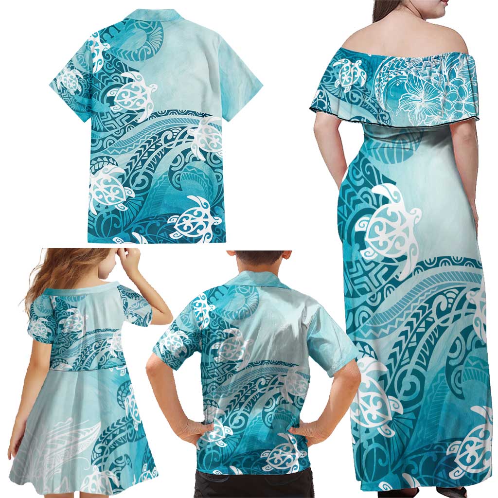 Polynesia Turtle Family Matching Off Shoulder Maxi Dress and Hawaiian Shirt Watercolor Abstract Style LT7 - Polynesian Pride