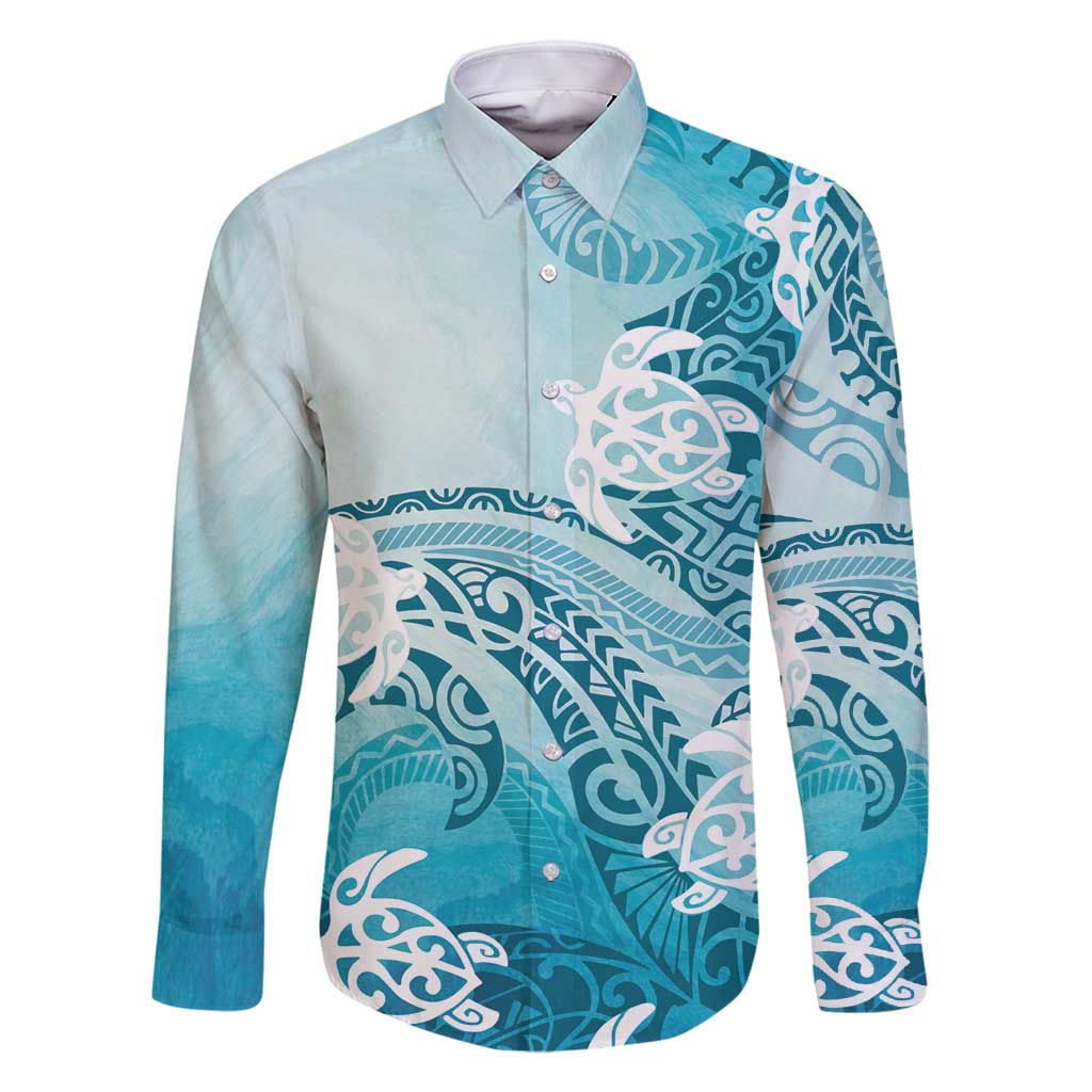 Polynesia Turtle Family Matching Off Shoulder Maxi Dress and Hawaiian Shirt Watercolor Abstract Style LT7 Dad's Shirt - Long Sleeve Blue - Polynesian Pride