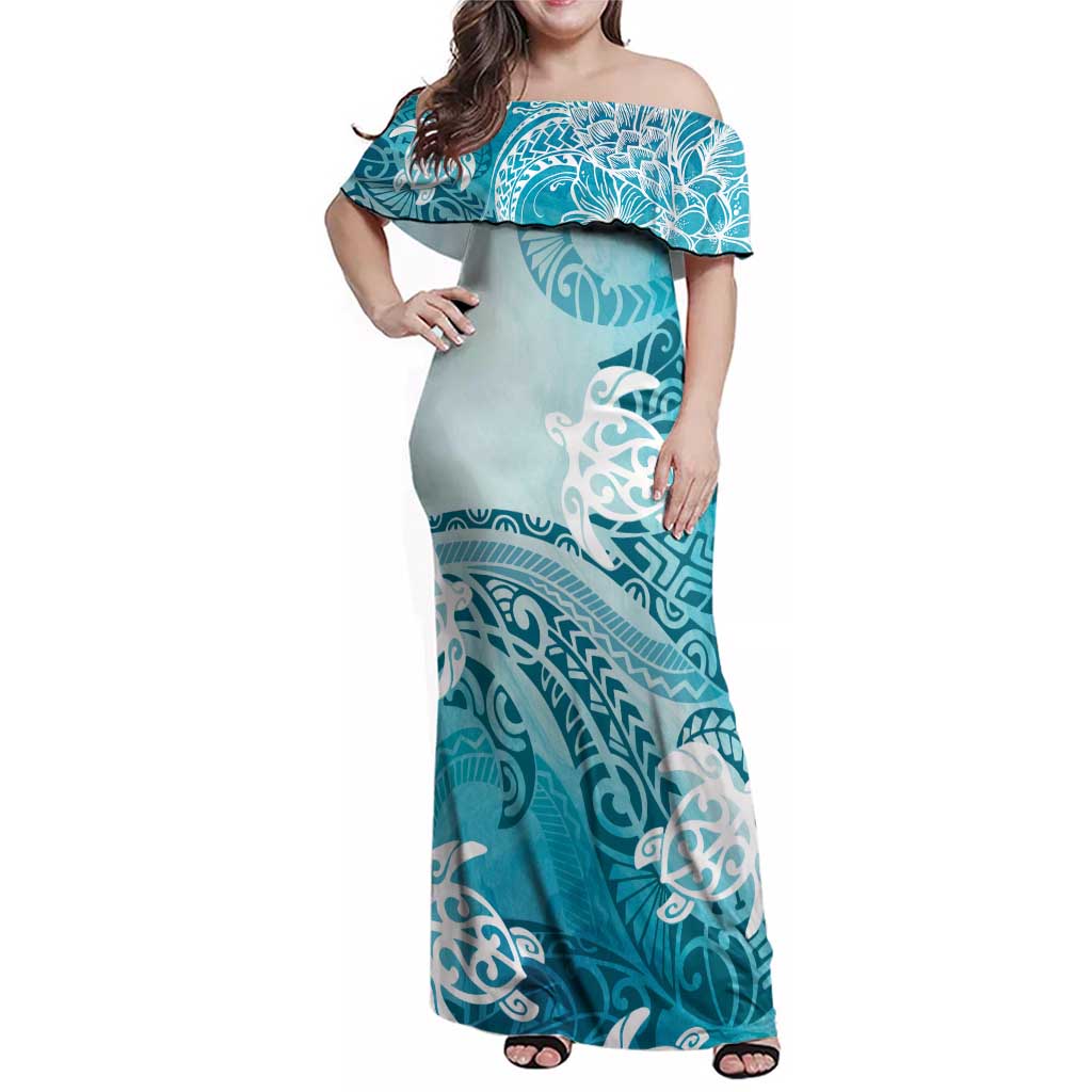Polynesia Turtle Family Matching Off Shoulder Maxi Dress and Hawaiian Shirt Watercolor Abstract Style LT7 Mom's Dress Blue - Polynesian Pride