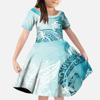 Polynesia Turtle Family Matching Summer Maxi Dress and Hawaiian Shirt Watercolor Abstract Style LT7 Daughter's Dress Blue - Polynesian Pride
