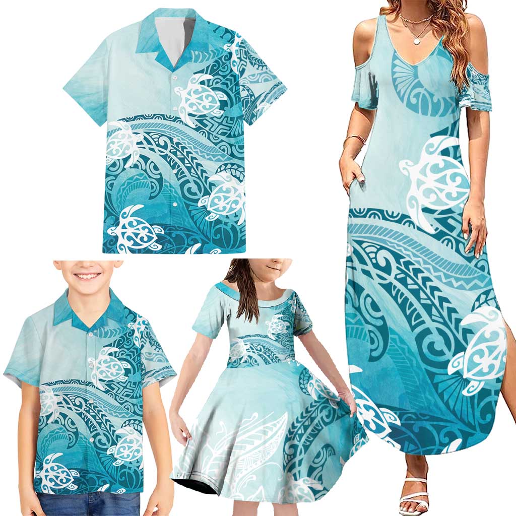Polynesia Turtle Family Matching Summer Maxi Dress and Hawaiian Shirt Watercolor Abstract Style LT7 - Polynesian Pride