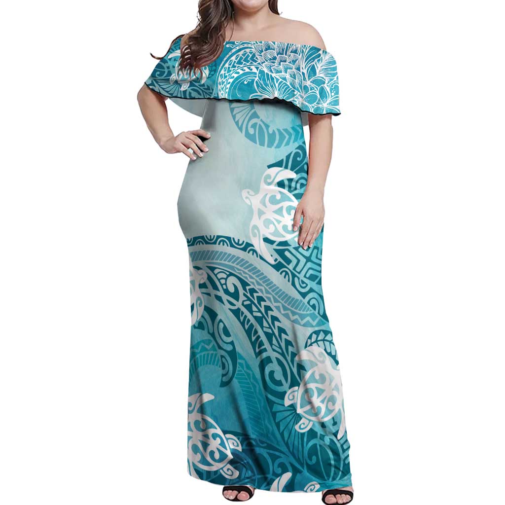 Polynesia Turtle Off Shoulder Maxi Dress Watercolor Abstract Style LT7 Women Blue - Polynesian Pride
