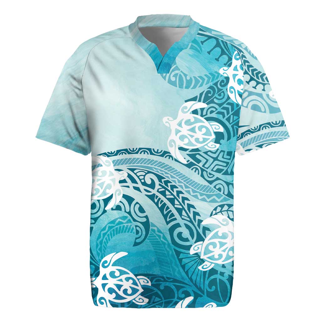 Polynesia Turtle Rugby Jersey Watercolor Abstract Style LT7 Blue - Polynesian Pride