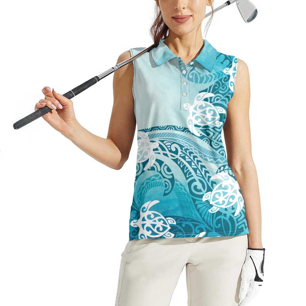 Polynesia Turtle Women Sleeveless Polo Shirt Watercolor Abstract Style