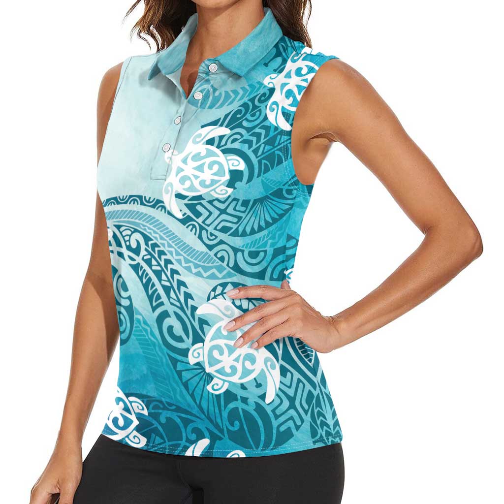 Polynesia Turtle Women Sleeveless Polo Shirt Watercolor Abstract Style