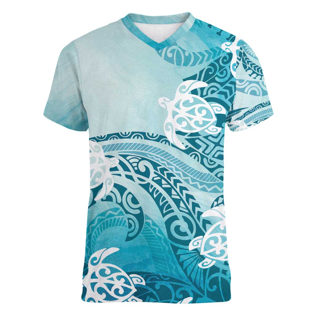 Polynesia Turtle Women V-Neck T-Shirt Watercolor Abstract Style