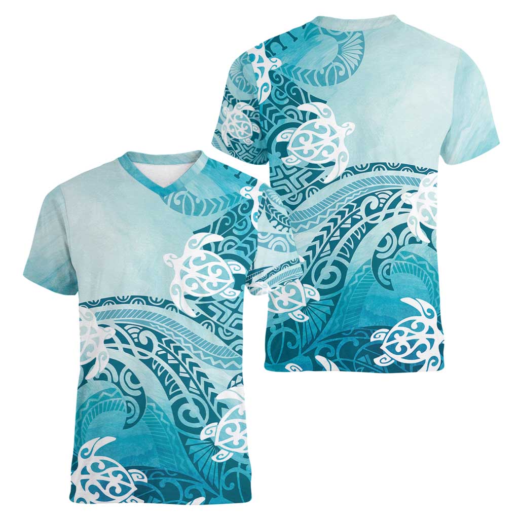 Polynesia Turtle Women V-Neck T-Shirt Watercolor Abstract Style