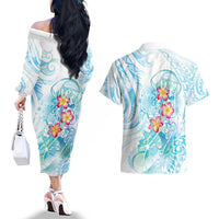 Sea Blue Polynesian Jellyfish Couples Matching Off The Shoulder Long Sleeve Dress and Hawaiian Shirt Watercolor Glows LT7 - Polynesian Pride