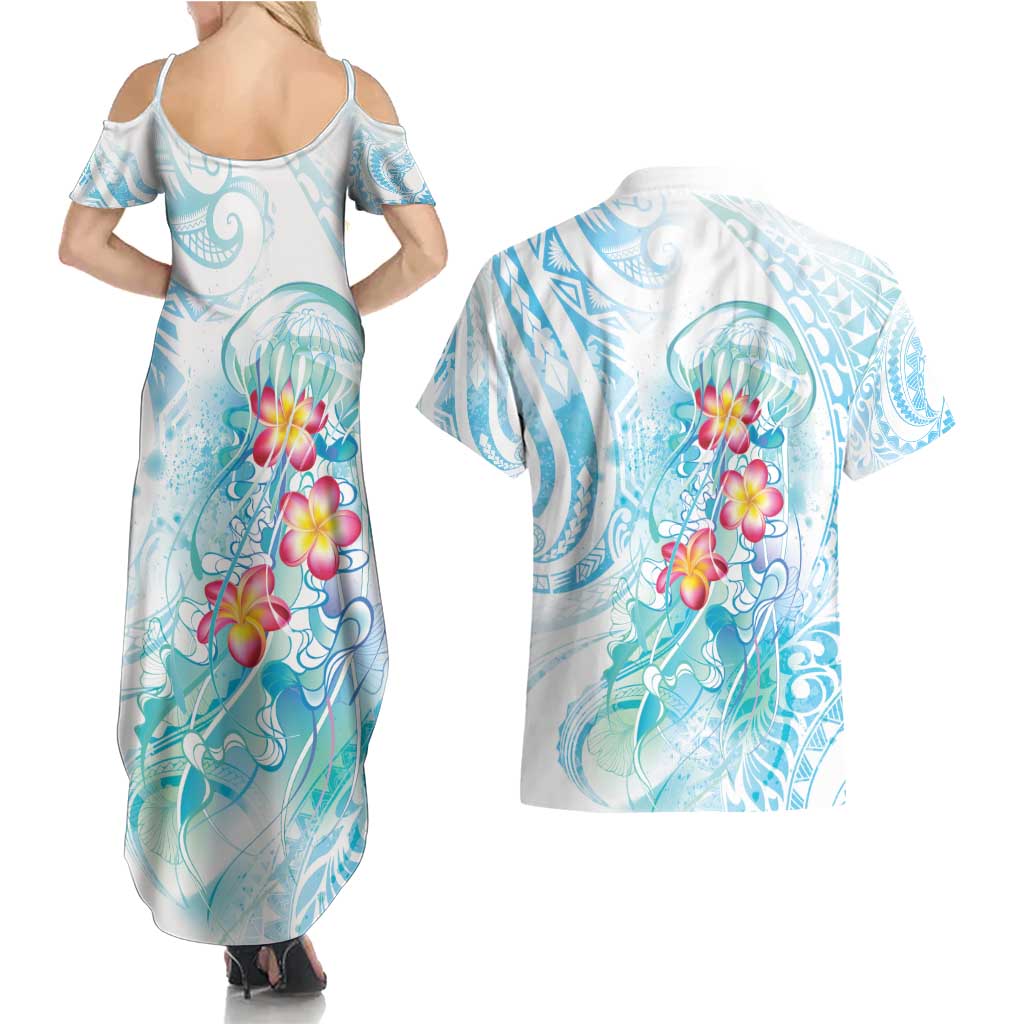 Sea Blue Polynesian Jellyfish Couples Matching Summer Maxi Dress and Hawaiian Shirt Watercolor Glows - Polynesian Pride