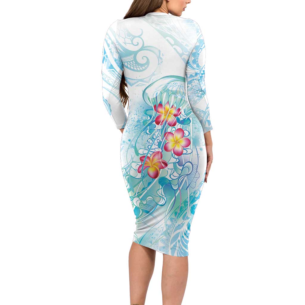 Sea Blue Polynesian Jellyfish Family Matching Long Sleeve Bodycon Dress and Hawaiian Shirt Watercolor Glows LT7 - Polynesian Pride