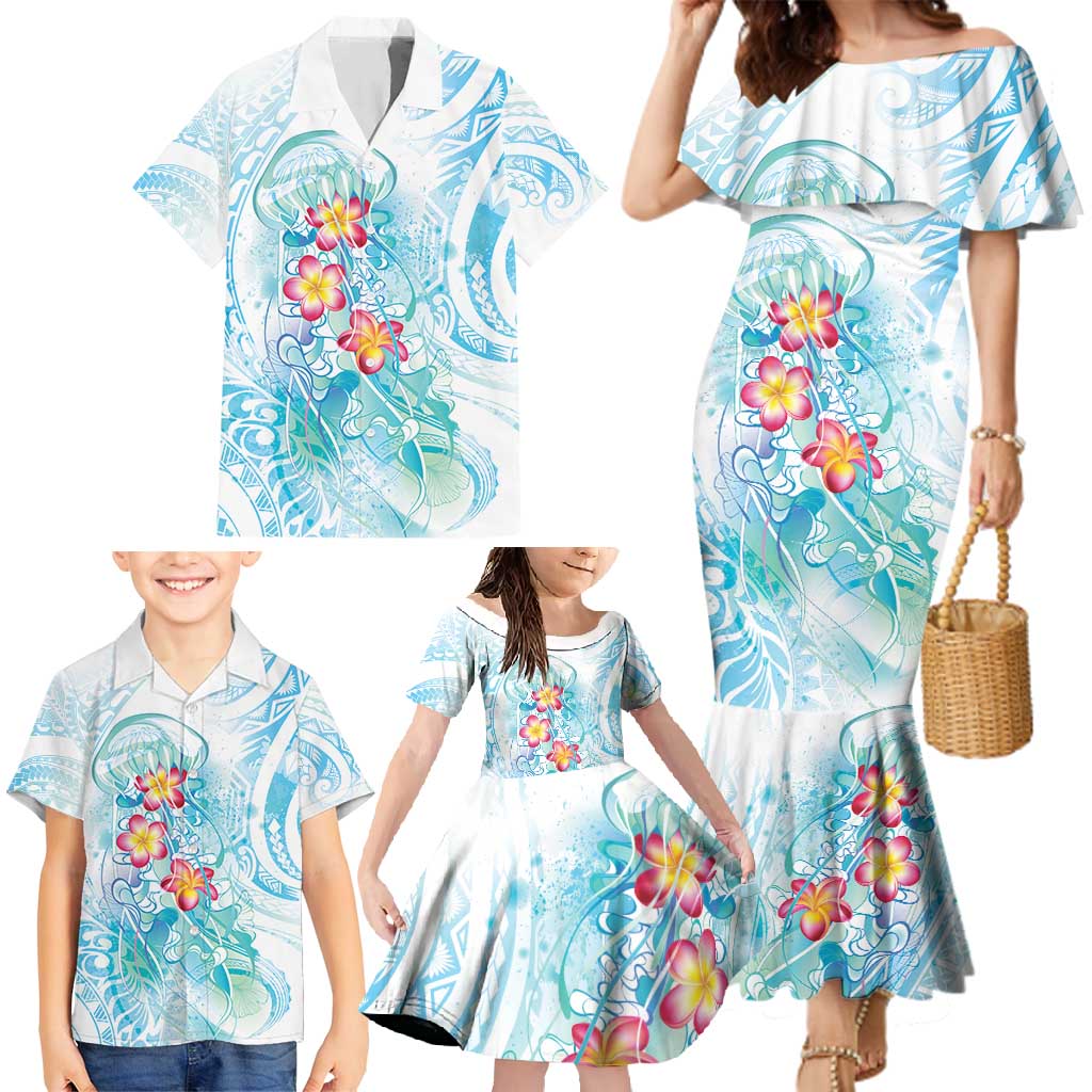 Sea Blue Polynesian Jellyfish Family Matching Mermaid Dress and Hawaiian Shirt Watercolor Glows LT7 - Polynesian Pride