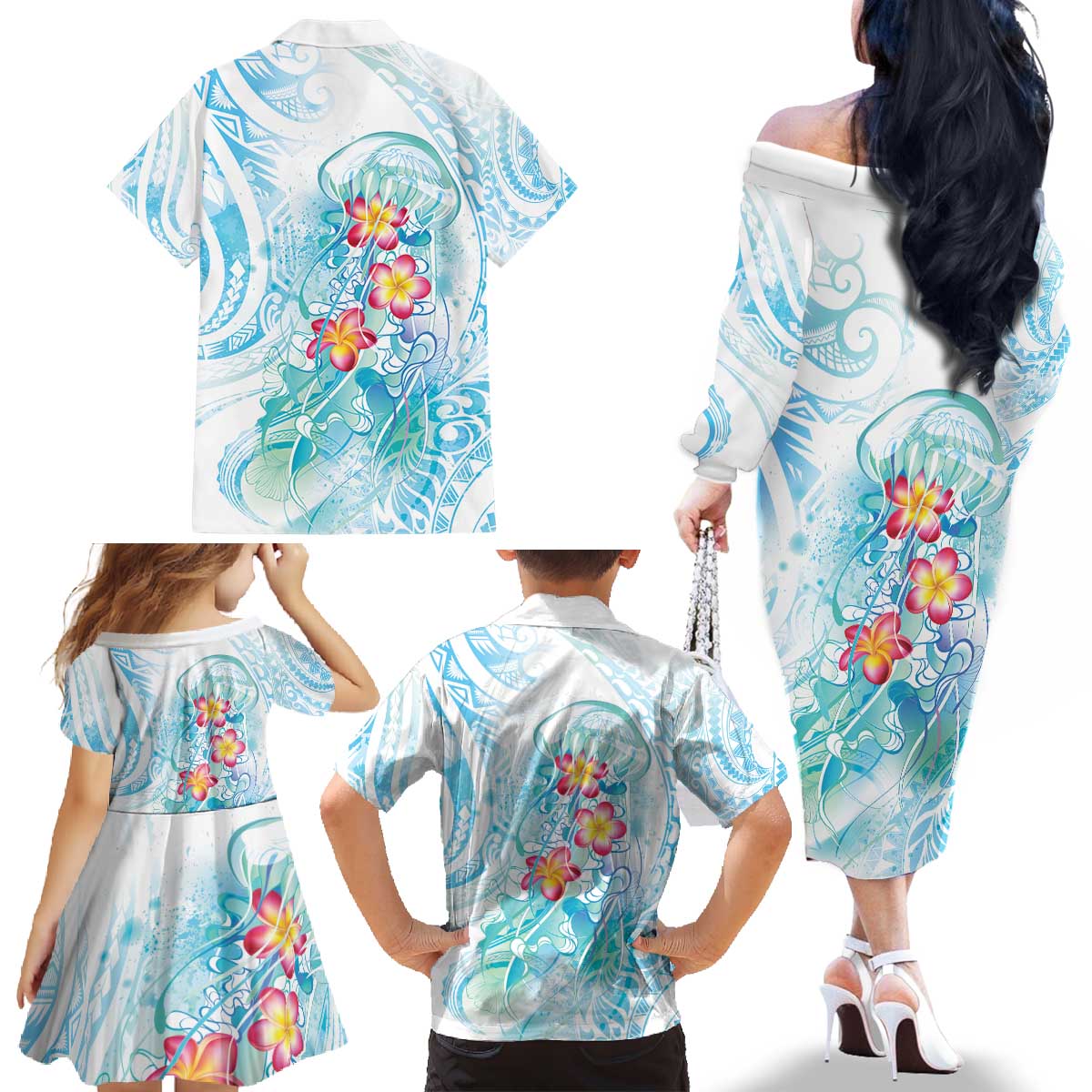 Sea Blue Polynesian Jellyfish Family Matching Off The Shoulder Long Sleeve Dress and Hawaiian Shirt Watercolor Glows LT7 - Polynesian Pride
