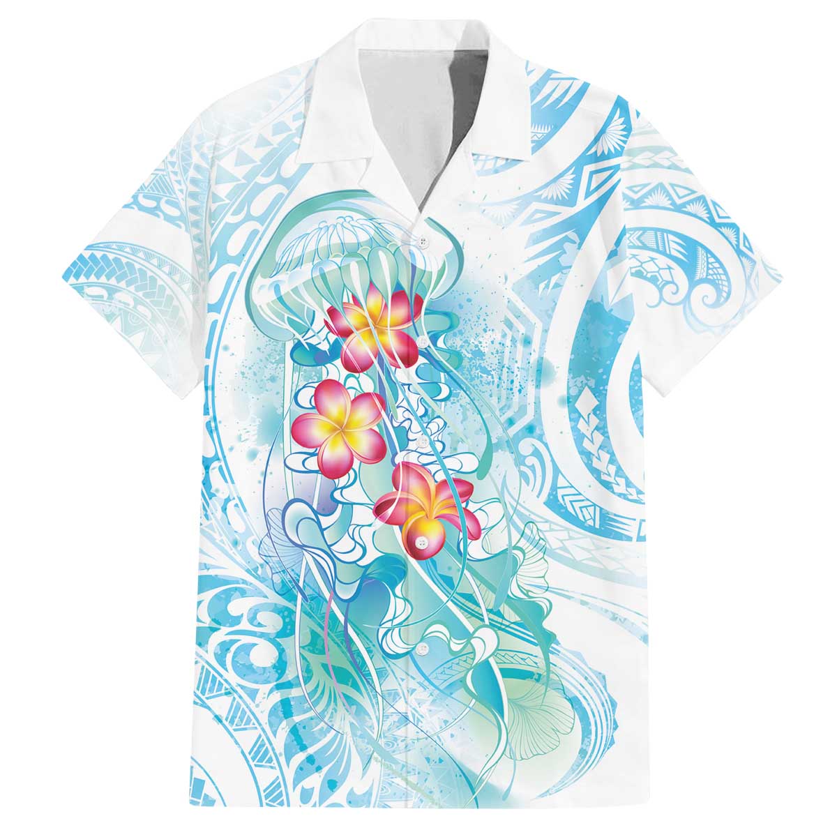 Sea Blue Polynesian Jellyfish Family Matching Off The Shoulder Long Sleeve Dress and Hawaiian Shirt Watercolor Glows LT7 Dad's Shirt - Short Sleeve Light Blue - Polynesian Pride