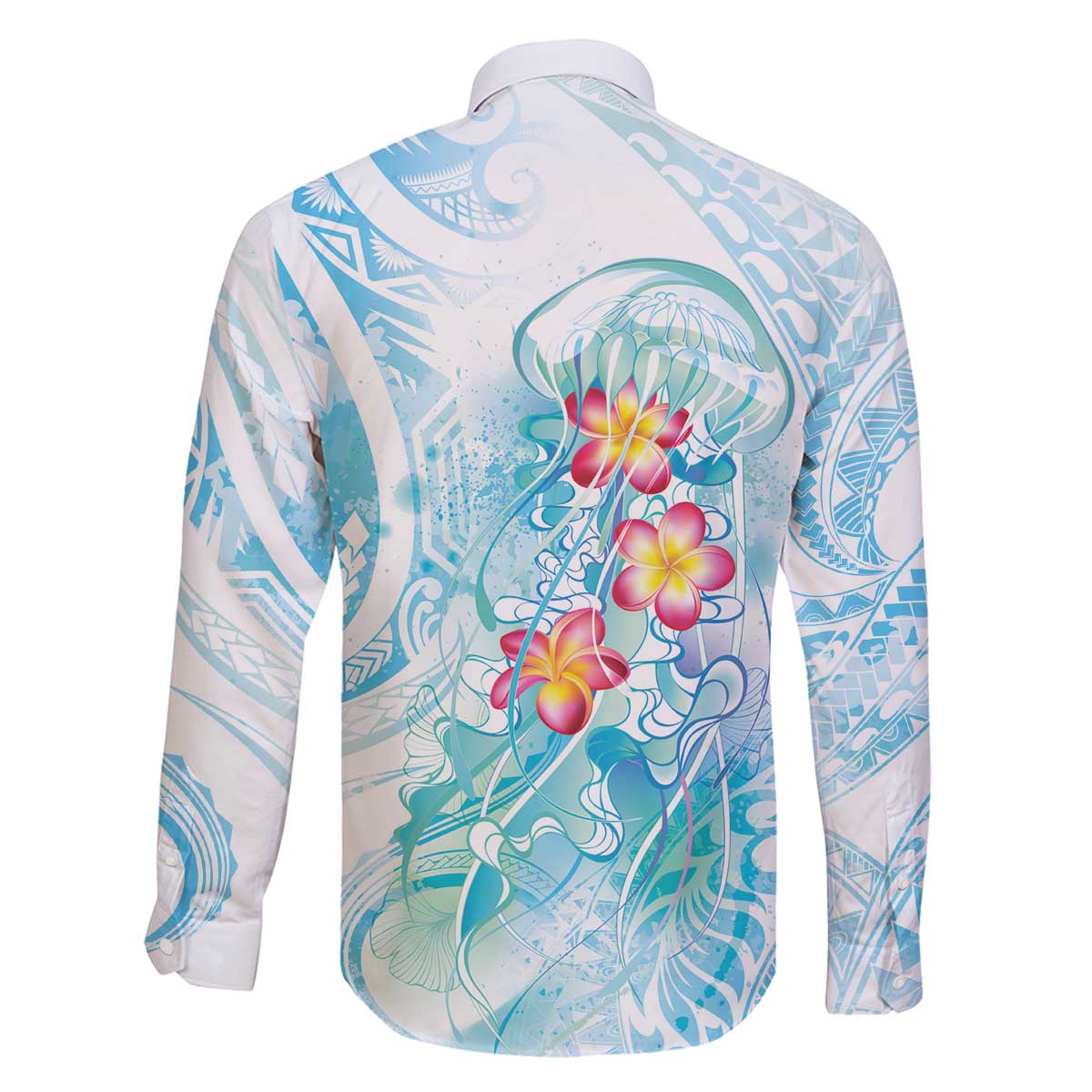 Sea Blue Polynesian Jellyfish Family Matching Off The Shoulder Long Sleeve Dress and Hawaiian Shirt Watercolor Glows LT7 - Polynesian Pride