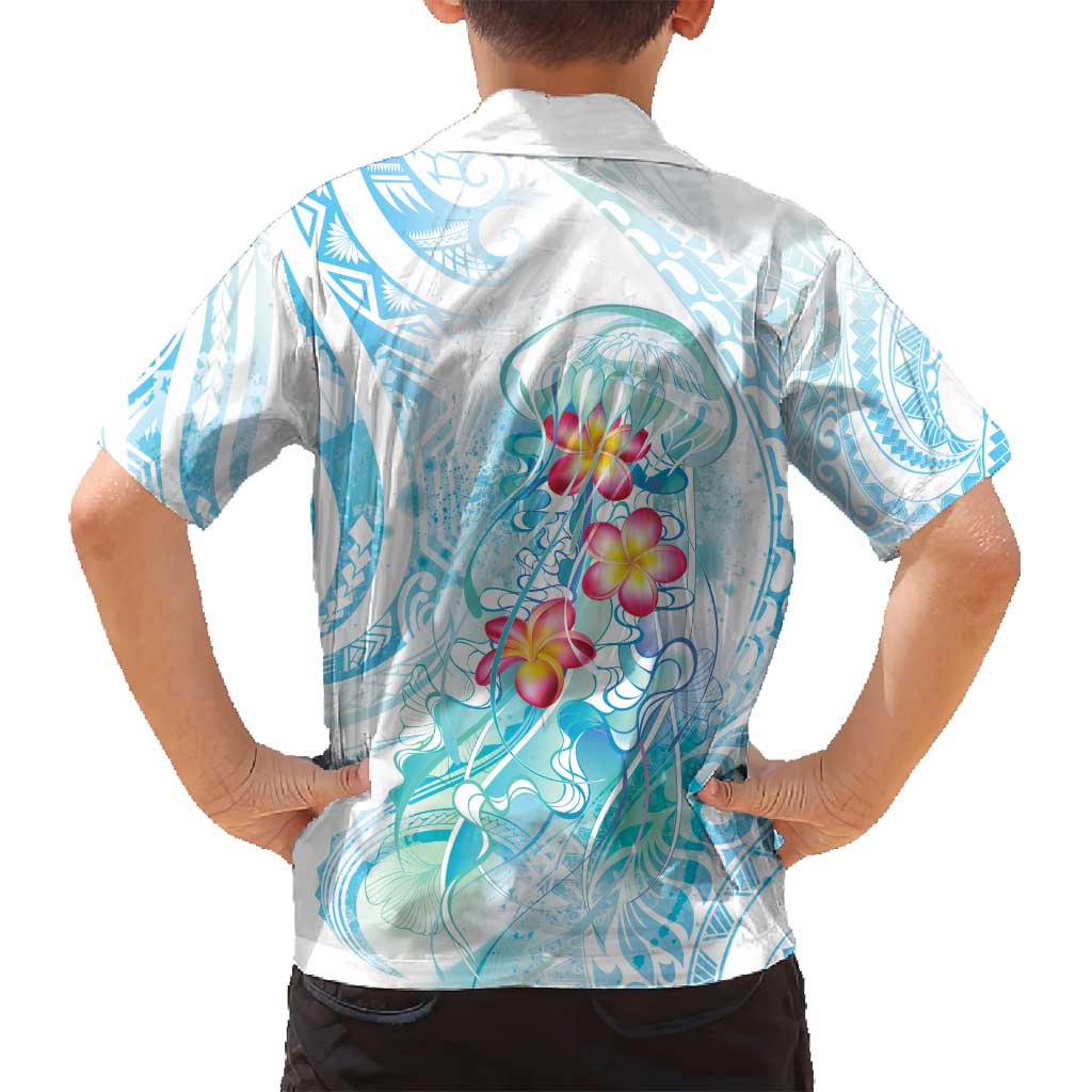 Sea Blue Polynesian Jellyfish Family Matching Off Shoulder Maxi Dress and Hawaiian Shirt Watercolor Glows LT7 - Polynesian Pride