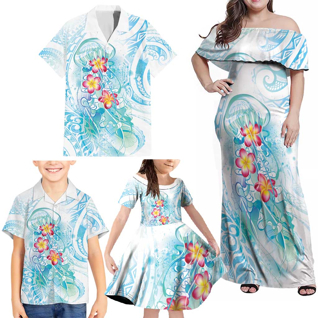 Sea Blue Polynesian Jellyfish Family Matching Off Shoulder Maxi Dress and Hawaiian Shirt Watercolor Glows LT7 - Polynesian Pride
