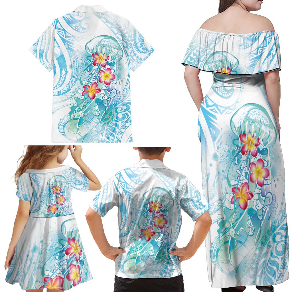 Sea Blue Polynesian Jellyfish Family Matching Off Shoulder Maxi Dress and Hawaiian Shirt Watercolor Glows LT7 - Polynesian Pride