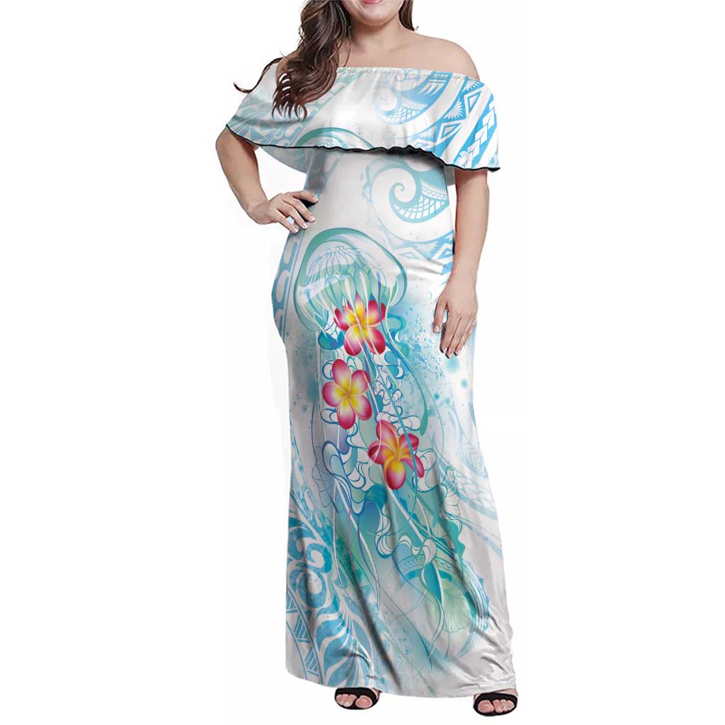 Sea Blue Polynesian Jellyfish Family Matching Off Shoulder Maxi Dress and Hawaiian Shirt Watercolor Glows LT7 Mom's Dress Light Blue - Polynesian Pride