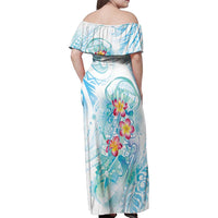 Sea Blue Polynesian Jellyfish Family Matching Off Shoulder Maxi Dress and Hawaiian Shirt Watercolor Glows LT7 - Polynesian Pride