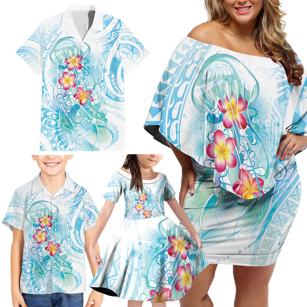 Sea Blue Polynesian Jellyfish Family Matching Off Shoulder Short Dress and Hawaiian Shirt Watercolor Glows LT7 - Polynesian Pride