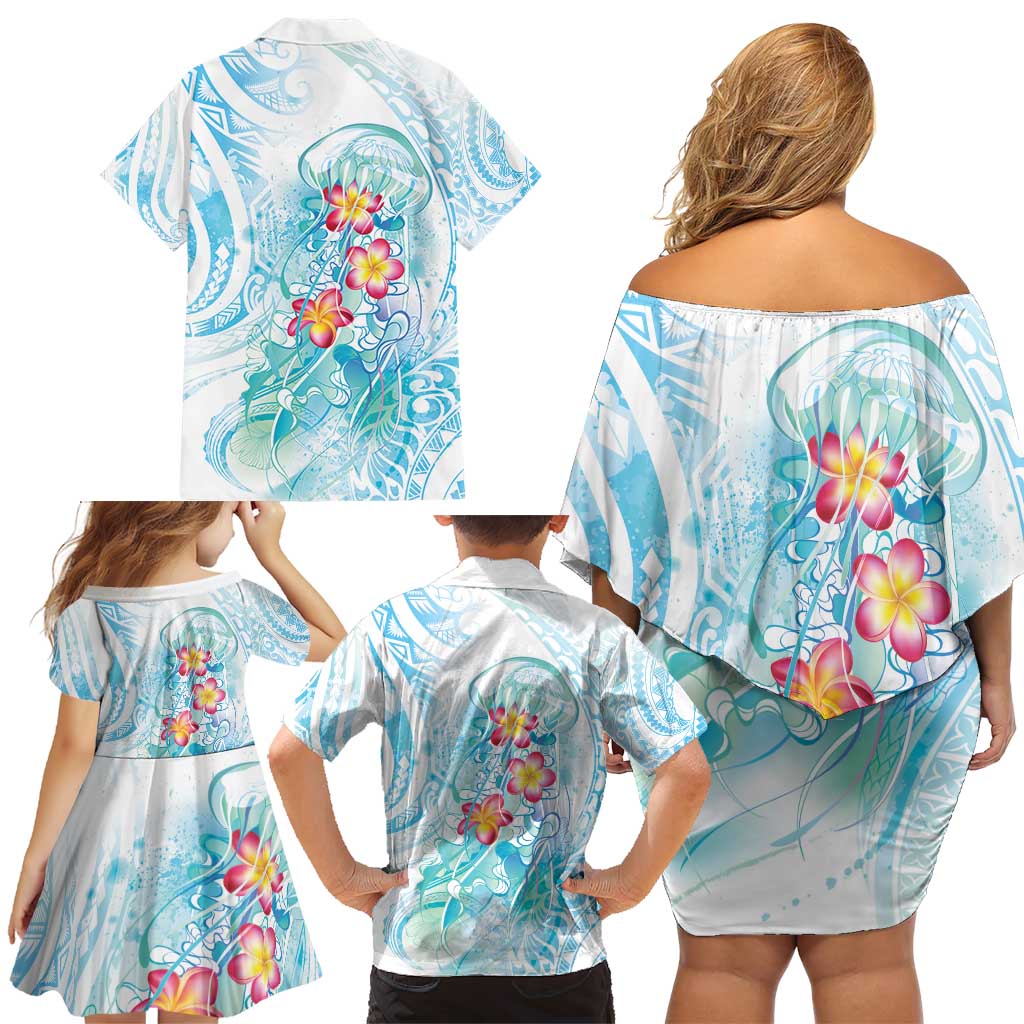 Sea Blue Polynesian Jellyfish Family Matching Off Shoulder Short Dress and Hawaiian Shirt Watercolor Glows LT7 - Polynesian Pride