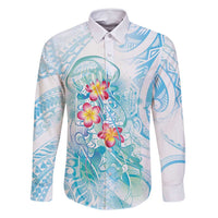 Sea Blue Polynesian Jellyfish Family Matching Off Shoulder Short Dress and Hawaiian Shirt Watercolor Glows LT7 Dad's Shirt - Long Sleeve Light Blue - Polynesian Pride