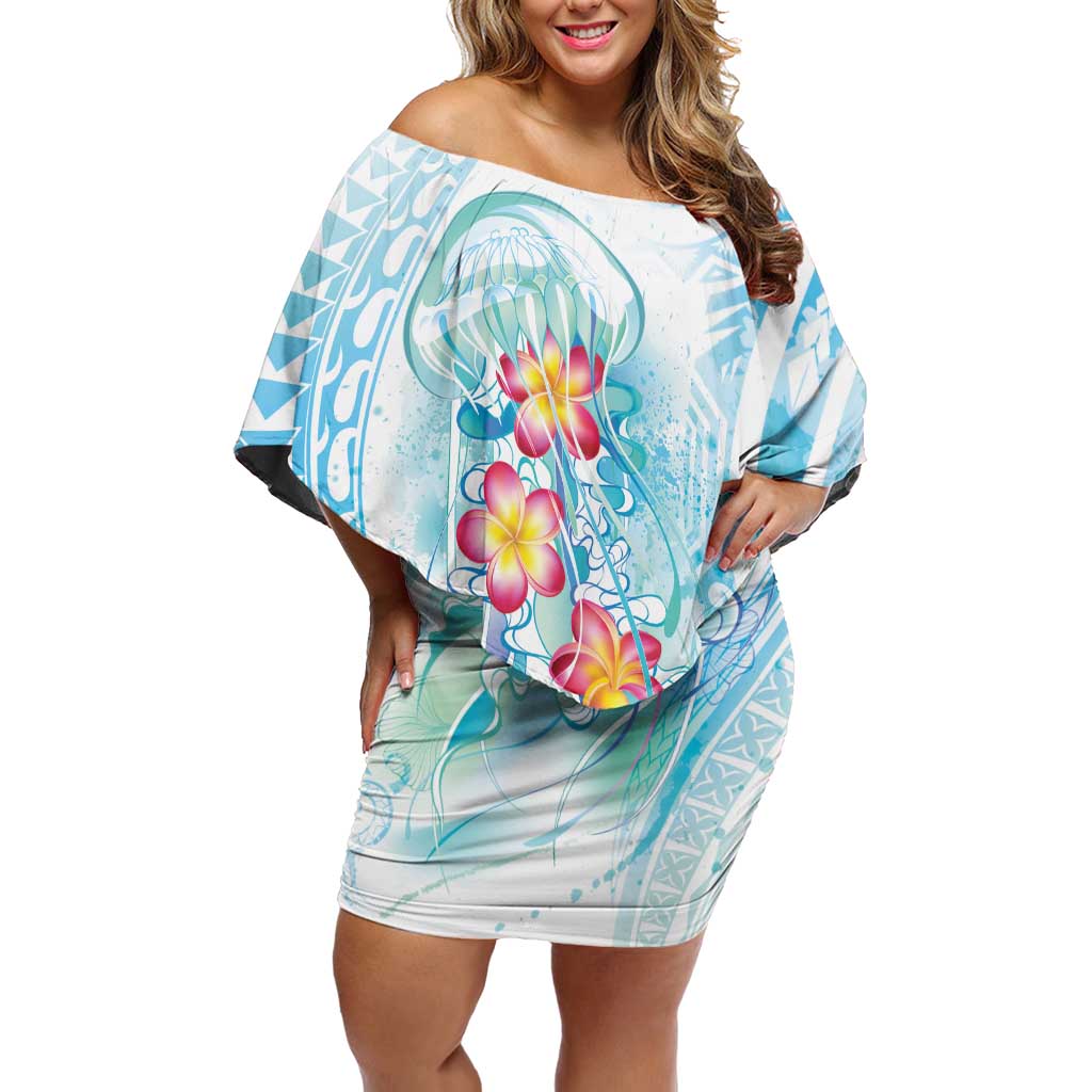 Sea Blue Polynesian Jellyfish Family Matching Off Shoulder Short Dress and Hawaiian Shirt Watercolor Glows LT7 Mom's Dress Light Blue - Polynesian Pride