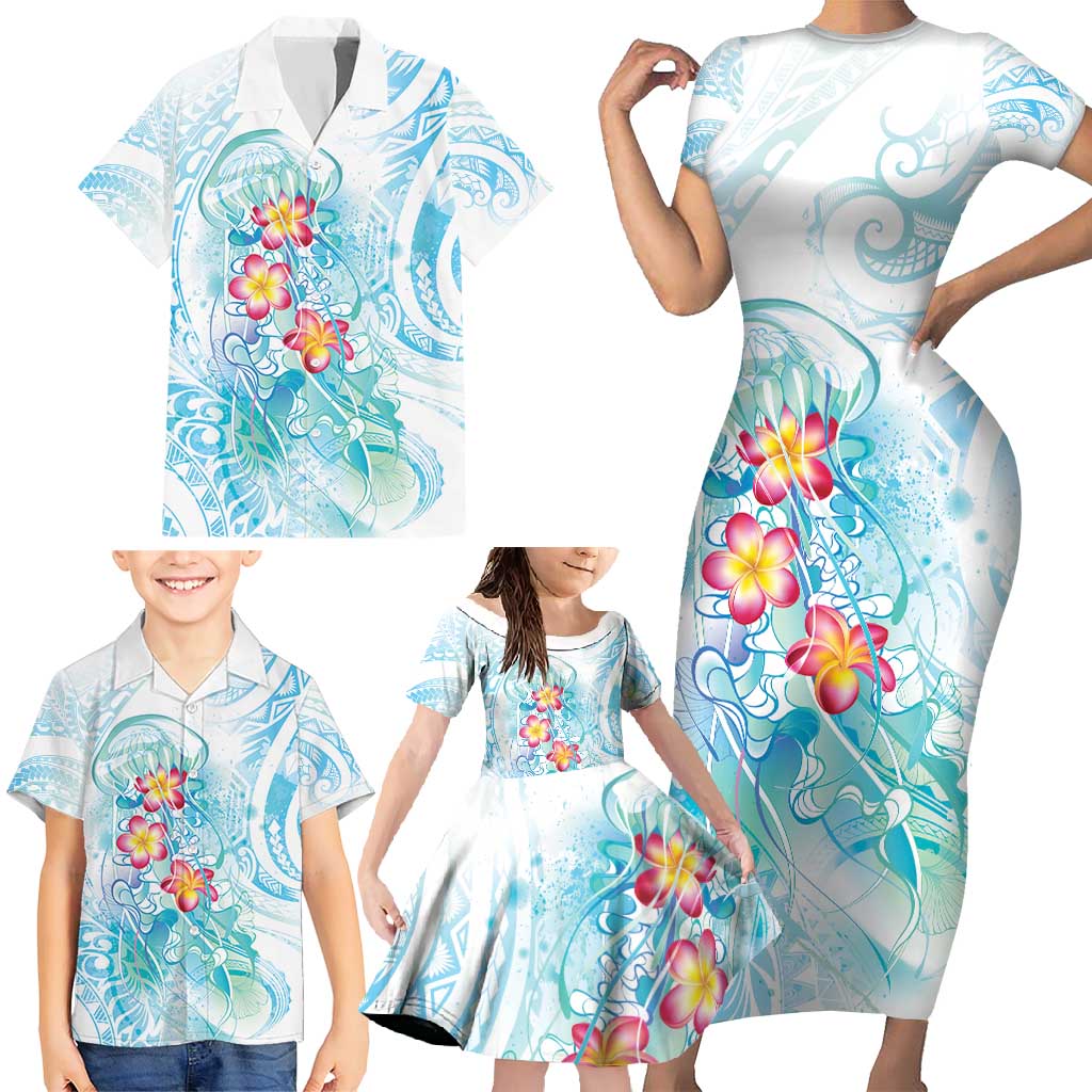 Sea Blue Polynesian Jellyfish Family Matching Short Sleeve Bodycon Dress and Hawaiian Shirt Watercolor Glows LT7 - Polynesian Pride