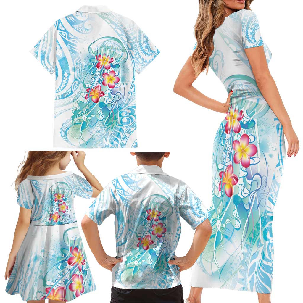 Sea Blue Polynesian Jellyfish Family Matching Short Sleeve Bodycon Dress and Hawaiian Shirt Watercolor Glows LT7 - Polynesian Pride