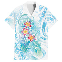 Sea Blue Polynesian Jellyfish Family Matching Short Sleeve Bodycon Dress and Hawaiian Shirt Watercolor Glows LT7 Dad's Shirt - Short Sleeve Light Blue - Polynesian Pride
