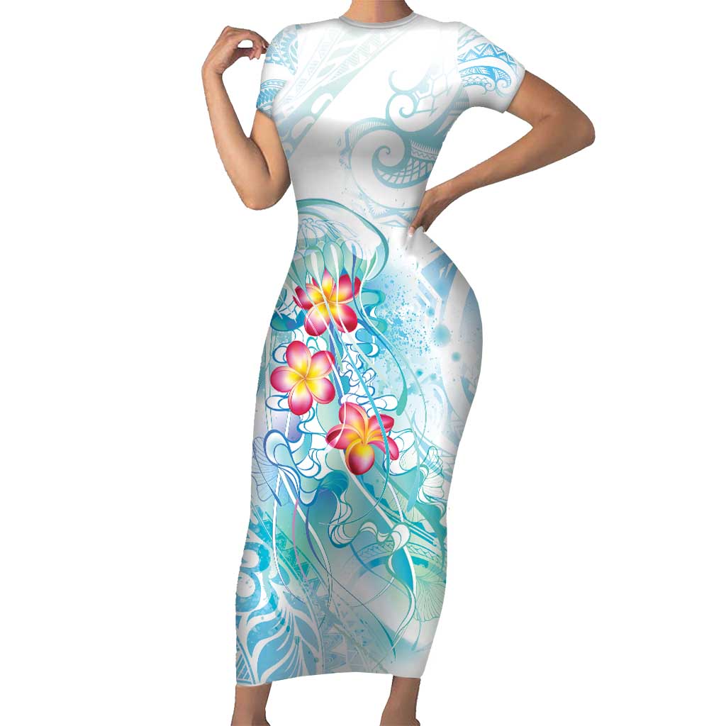 Sea Blue Polynesian Jellyfish Family Matching Short Sleeve Bodycon Dress and Hawaiian Shirt Watercolor Glows LT7 Mom's Dress Light Blue - Polynesian Pride
