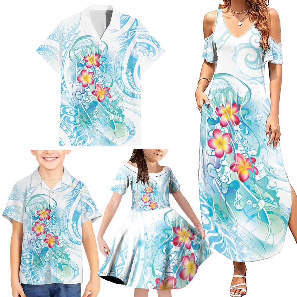 Sea Blue Polynesian Jellyfish Family Matching Summer Maxi Dress and Hawaiian Shirt Watercolor Glows LT7 - Polynesian Pride