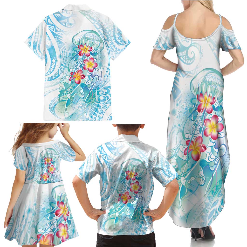 Sea Blue Polynesian Jellyfish Family Matching Summer Maxi Dress and Hawaiian Shirt Watercolor Glows LT7 - Polynesian Pride