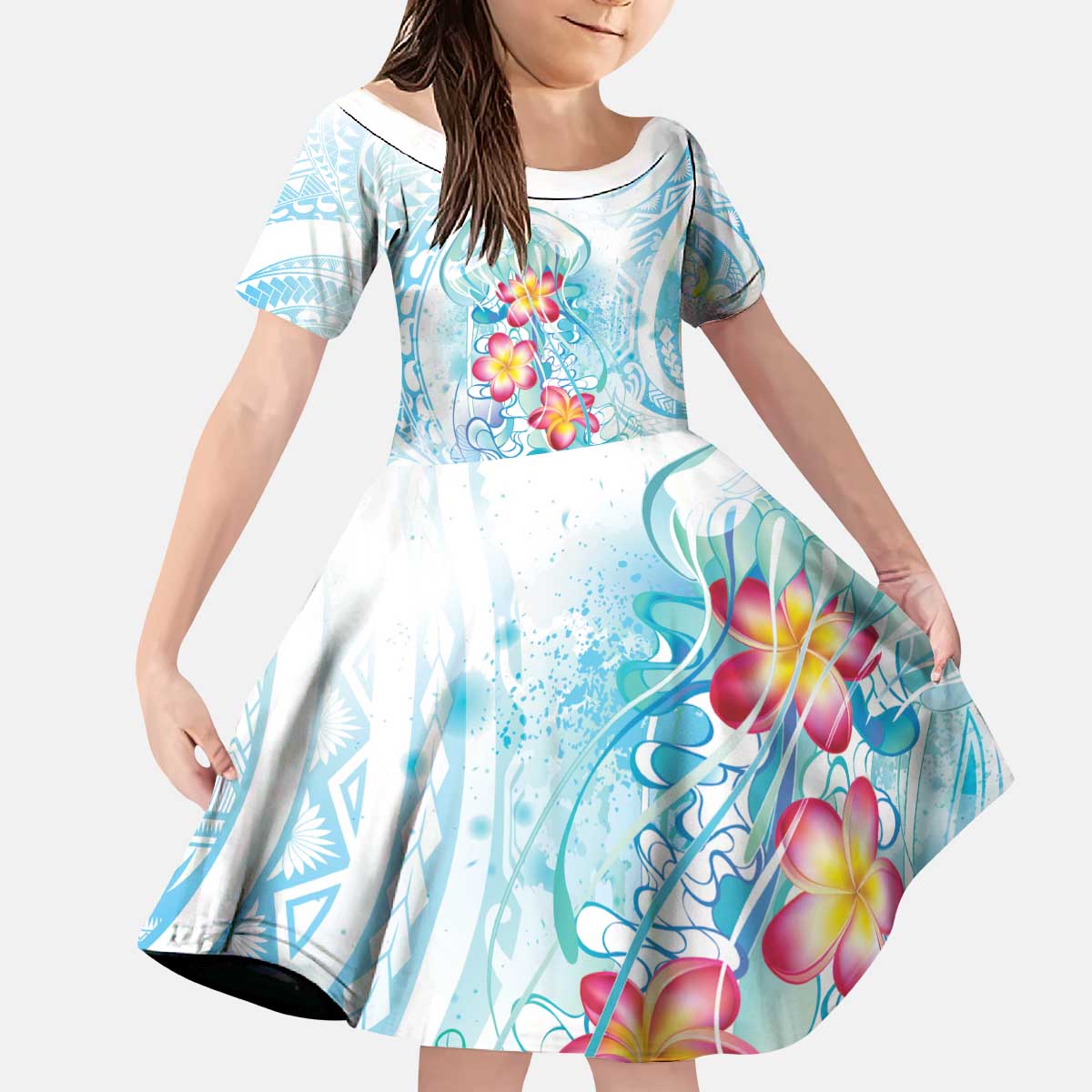Sea Blue Polynesian Jellyfish Kid Short Sleeve Dress Watercolor Glows - Polynesian Pride