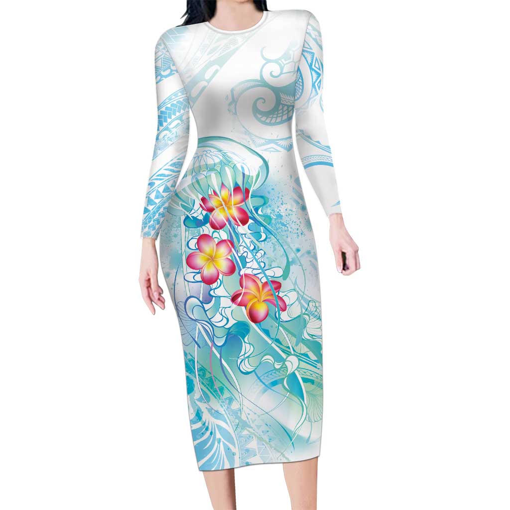 Sea Blue Polynesian Jellyfish Long Sleeve Bodycon Dress Watercolor Glows - Polynesian Pride