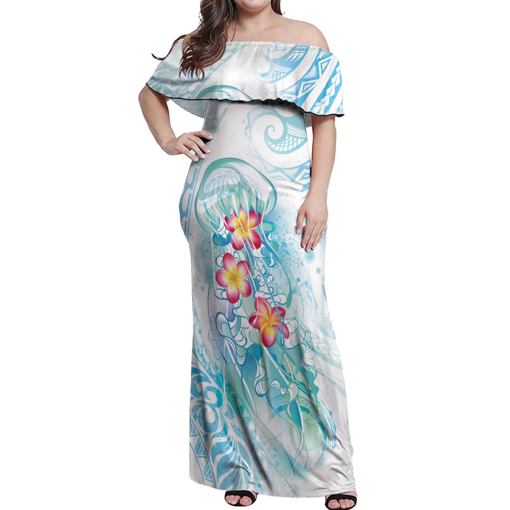 Sea Blue Polynesian Jellyfish Off Shoulder Maxi Dress Watercolor Glows - Polynesian Pride