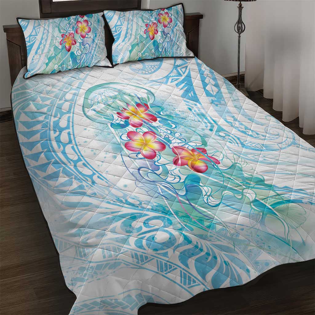 Sea Blue Polynesian Jellyfish Quilt Bed Set Watercolor Glows LT7 Light Blue - Polynesian Pride