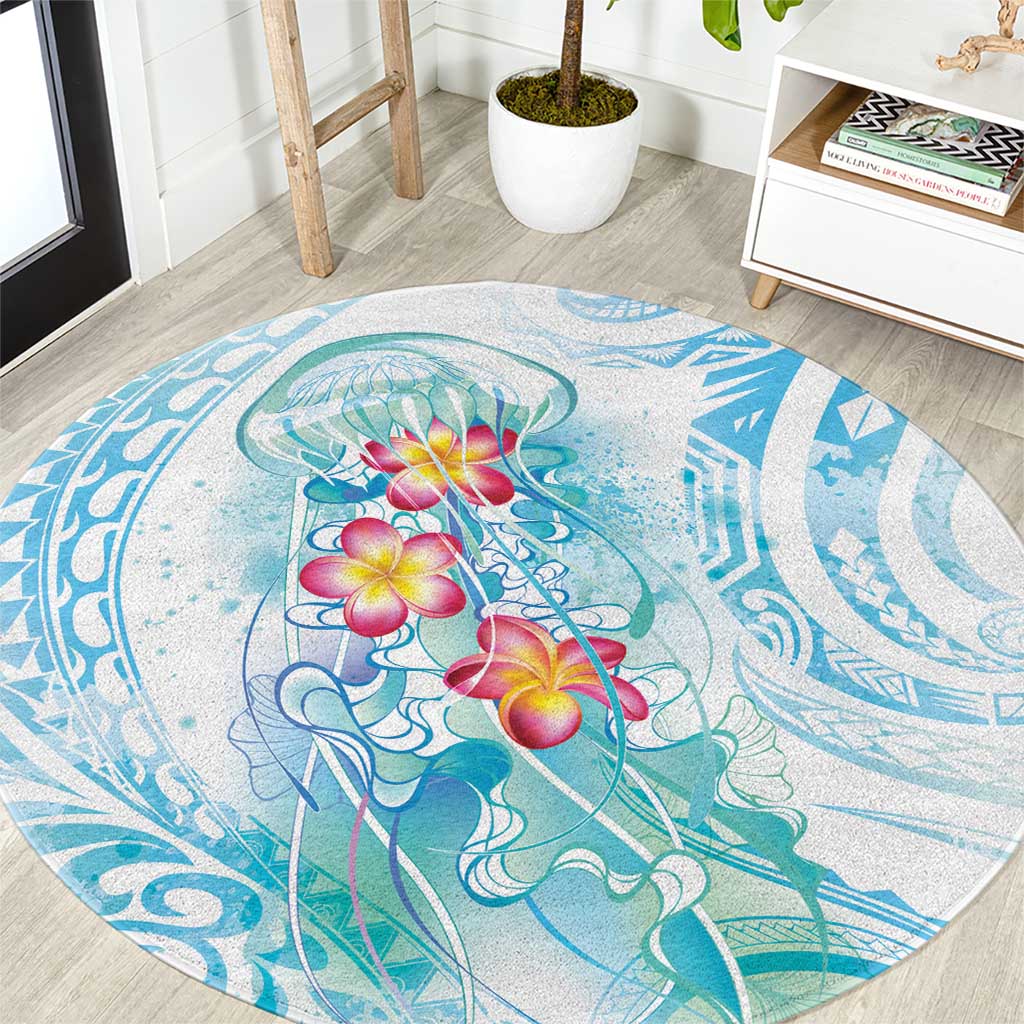 Sea Blue Polynesian Jellyfish Round Carpet Watercolor Glows LT7 Light Blue - Polynesian Pride