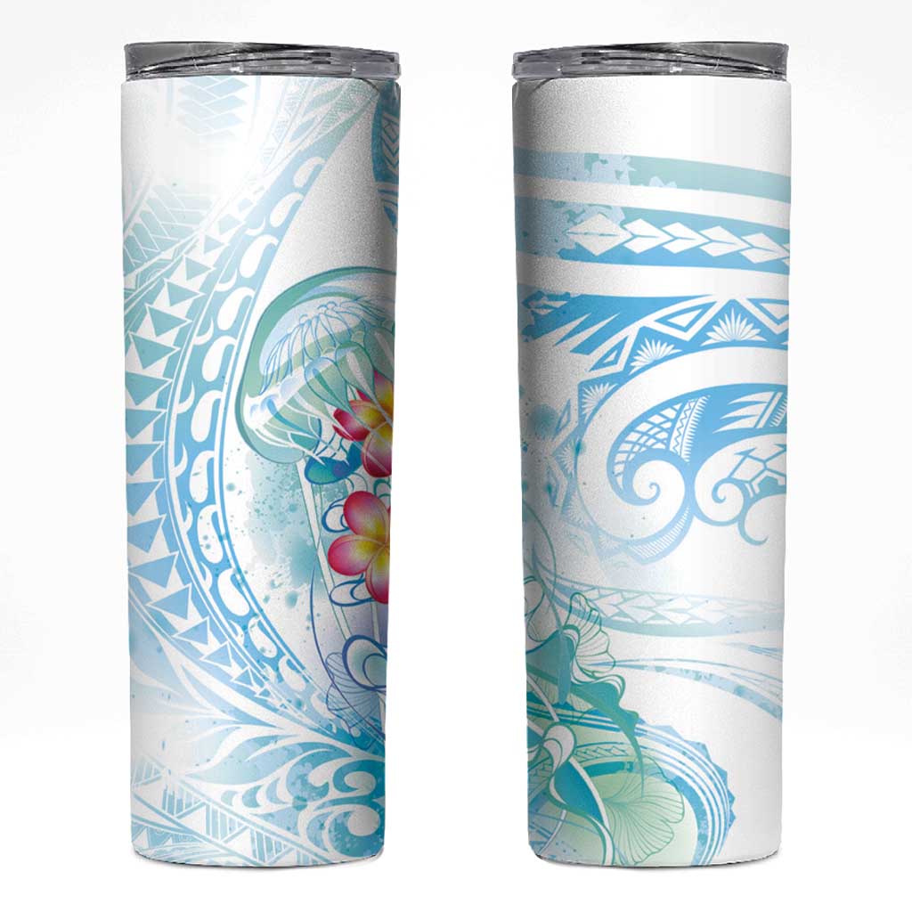 Sea Blue Polynesian Jellyfish Skinny Tumbler Watercolor Glows LT7 Light Blue - Polynesian Pride