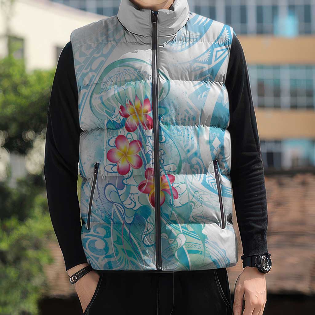 Sea Blue Polynesian Jellyfish Sleeveless Puffer Jacket Watercolor Glows - Polynesian Pride