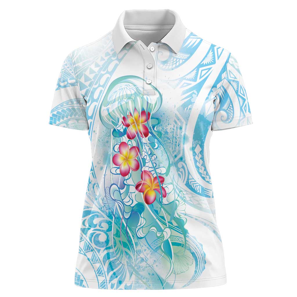Sea Blue Polynesian Jellyfish Women Polo Shirt Watercolor Glows LT7 Female Light Blue - Polynesian Pride